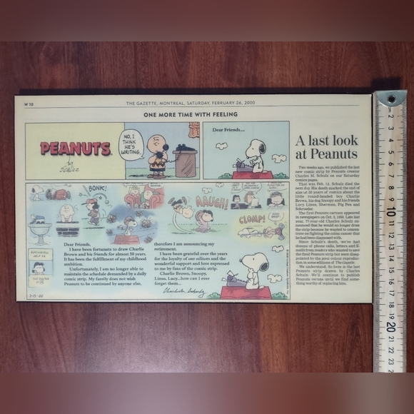 Peanuts: A Last Look At Peanuts Wooden Plaque Newspaper Clipping 2000 - Picture 1 of 3
